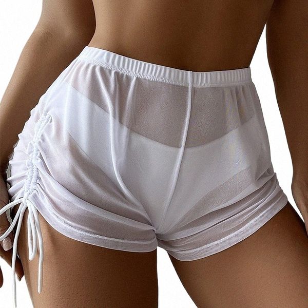 Neue Sommer Mesh Shorts Kordelzug Hohe Taille Transparente Kurze Hosen Strand Bikini Badehose Frauen Atmungsaktive Shorts D7xI #