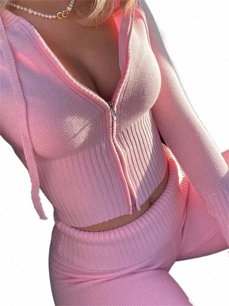 Taruxy Women Spring Outfits Casual Zipper Mita con cappuccio con cappuccio a vita alta pantaloni in fiamme si adatta a una donna a maglia rosa Y2K Set da due pezzi H1YB#