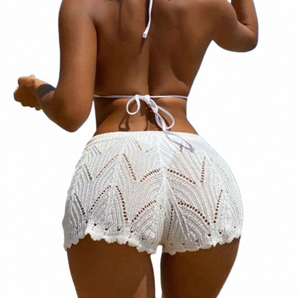 Shorts de renda elegante renda praia shorts para mulheres oco malha cordão cintura elástica cor sólida bikini shorts macio h8Hu #