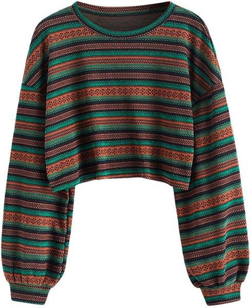 Zaful feminino tribal étnico gráfico recortado malhas boêmio manga longa pulôver suéter boho ombro caído top de malha