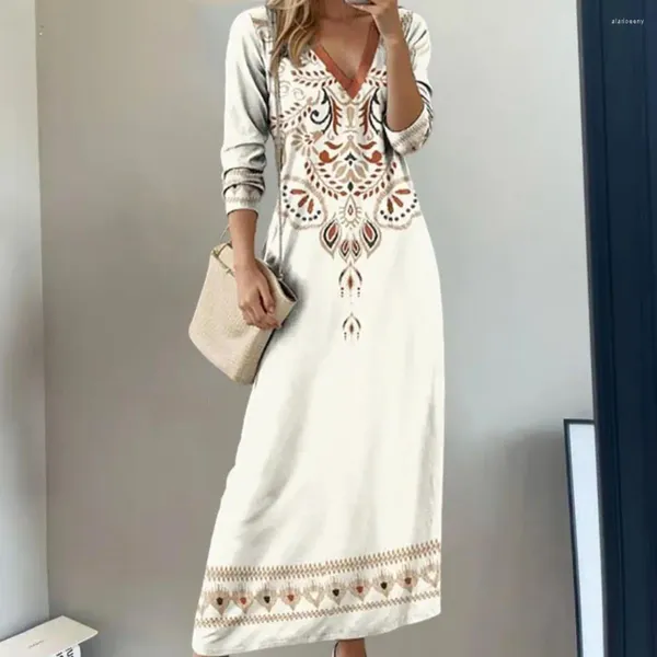 Abiti casual Abito da donna con scollo a V Maxi bohemien con stampa etnica scollo a V Pullover a trapezio primaverile da donna Tessuto morbido e traspirante per la caviglia