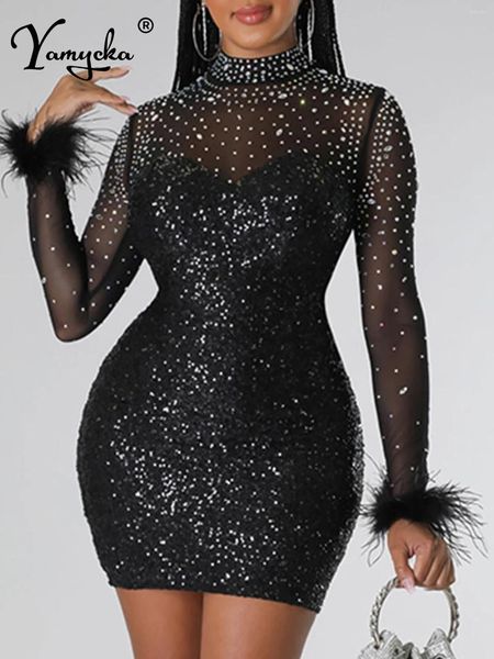 Lässige Kleider sexy sexy durch schwarze Pailletten bodycon kleide Frauen Mini Abend Langarm Langarm Strass Club Geburtstagsfeier Vestidos