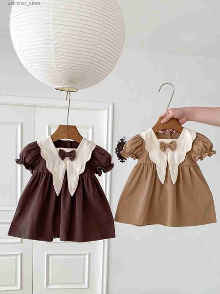 T-shirts 2024 Sommer Neue Baby Mädchen Puff Sleeve Casual Kleid Adrette Infant Kleinkind Puppe Kragen Vintage Prinzessin Kleid Kinder kleidung24328