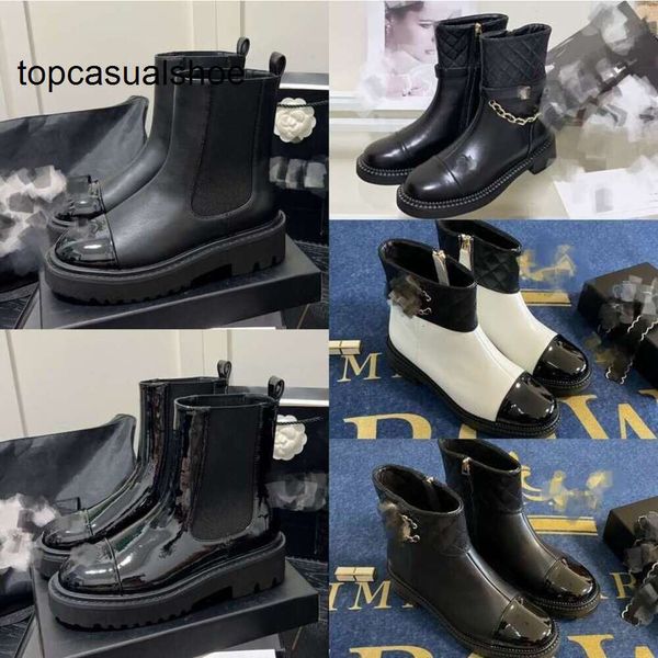 Canais CF Botas de bloqueio de zíper CF Mulheres acolchoadas no tornozelo c tamanhos de tamanhos altos tênis de bota altos tênis de bota foste calfskin plataforma moto moto de moto de combate booties