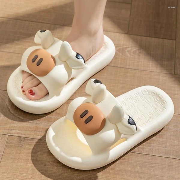 Chinelos bonitos animais casa chinelo 2024 mulher dos desenhos animados vaca cão cachorrinho sandália engraçado flip flops feminino verão praia macia antiderrapante casa sapato