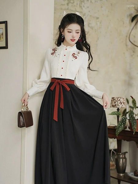 Casual Kleider Design Chinesischen Stil Frau Kleid Vintage Chic Stickerei Floral Bandage Patchwork Elegante Dame Lange Faldas Vestidos