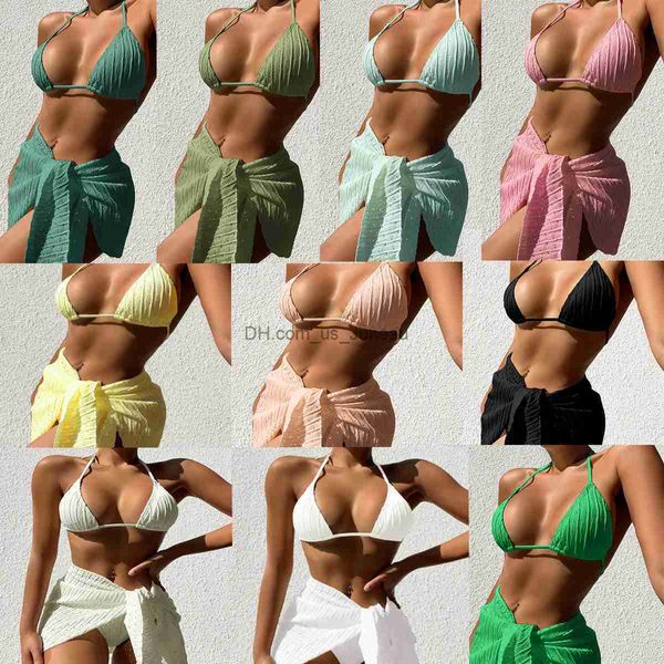 Mulheres Swimwear 2023 Sexy Halter Branco 3 PCS Amarrado Saia Bikini Set Mulheres Cintura Alta Corte Maiô Feminino Push Up Swimwear Backless Banheira Terno T240328