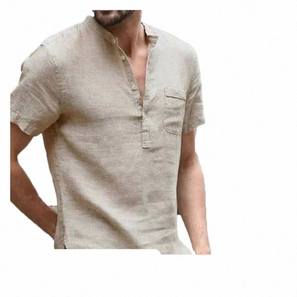 T-shirt a maniche corte da uomo nuova estate Cott e lino Led T-shirt da uomo casual Camicia maschile traspirante E9Bf #