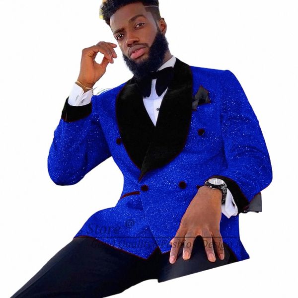 Gwenhwyfar Shiny Royal Blue Glitter Abiti da uomo Evening Party Wear Nero Veet Bavero Blazer 2023 Cool Groomsmen Smoking da sposa P0Ff #