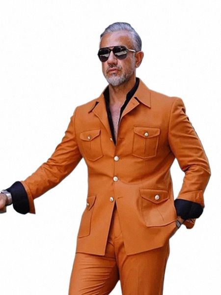 Fi Männer Hochzeitsanzüge Orange 1 Stück Herbstmantel Busin Kausal Designer Jacke Maßgeschneiderte vier Taschen Blazer 55Ko #