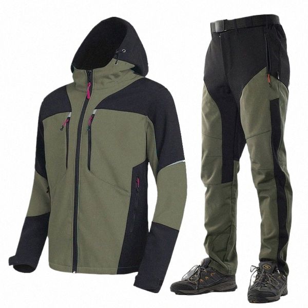 Soft Shell Set sportivi Mens Winter Fleece Tasche multiple Giacche con cappuccio Pantaloni cargo Outdoor Warm Tute da pesca impermeabili Uomo L9gf #