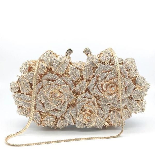 Abendtaschen Dazzling Frauen Gold Rose Blume Aushöhlen Kristall Metall Kupplungen Kleine Handtasche Geldbörse Hochzeit Clutch Bag Diamond309j