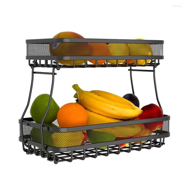 Portaoggetti da cucina Cesto per frutta Organizzatore da banco a 2 livelli con ciotola in rete metallica in acciaio al carbonio per pane e verdure staccabile