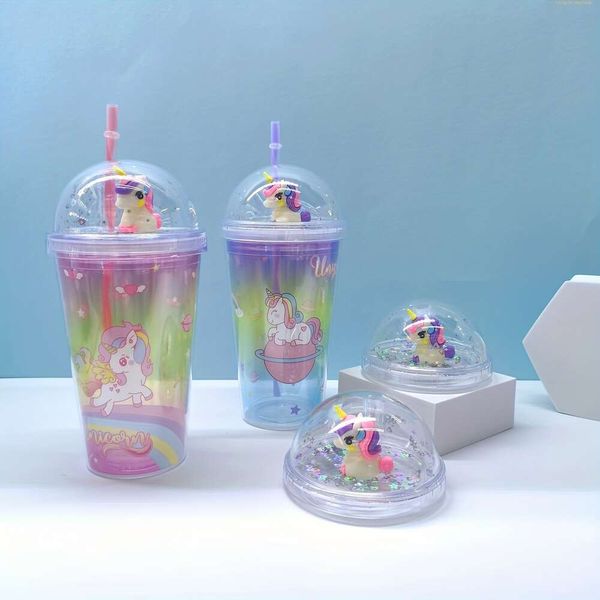 1 pc, bicchiere con coperchio a cupola e paglia, bottiglia di plastica a doppia parete, tazze d'acqua unicorno fumetti glitter luccicanti, bevande invernali estive kawaii, viaggio