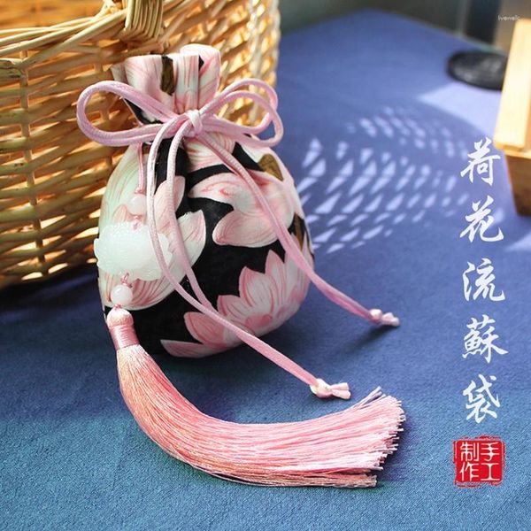 Sacos de compras Saco de cordão de lótus vintage estilo chinês flor saquinho armazenamento de jóias acessórios hanfu borla pingente bolsa presente