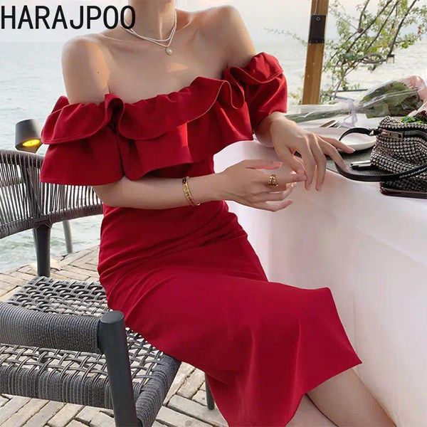 Partykleider Harajpoo Mode Retro Temperament Sexy Off Schulter Kleid Rüschen Rand Eine Linie Kragen Rot Eng Anliegende Taille Schlitz Vestidos