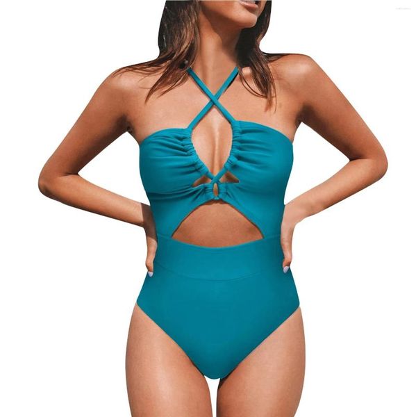 Costume da bagno da donna Costume intero da spiaggia bikini a tinta unita sexy moda intero (con pettorina senza reggiseno in acciaio) Mujer