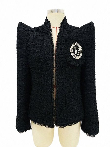 High Street Neueste 2024 F/W Runway Designer FI Damen Peak Shoulder Diamds Rhineste Beaded LOGO Fransen Tweed Jacke B1FA#