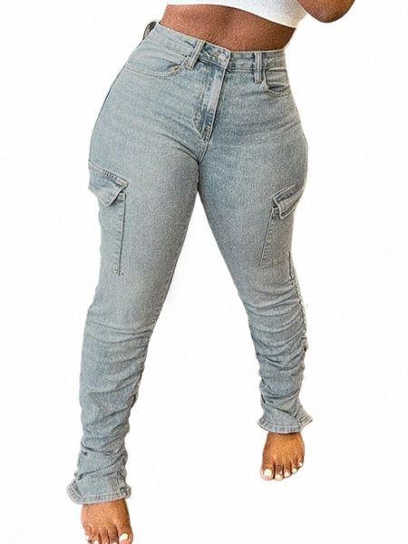 lw Plus Size cintura alta lateral aba bolso carga jeans mulheres zíper ruched design jeans causal magro calças lg 61Gw #