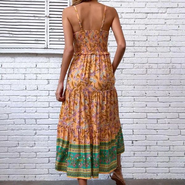 Günlük elbiseler baskılı yaz elbisesi etnik tarzı maksi shirring patchwork detay kadınlar için kadın kolsuz tatil sundress