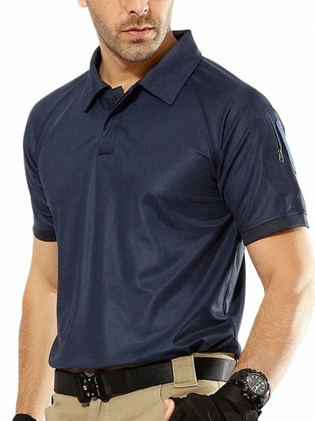 Polo militare estiva da uomo traspirante Quick Dry Polo tattica da combattimento militare traspirante Polo maschile blu scuro a maniche corte da uomo S-5XL w4wH #