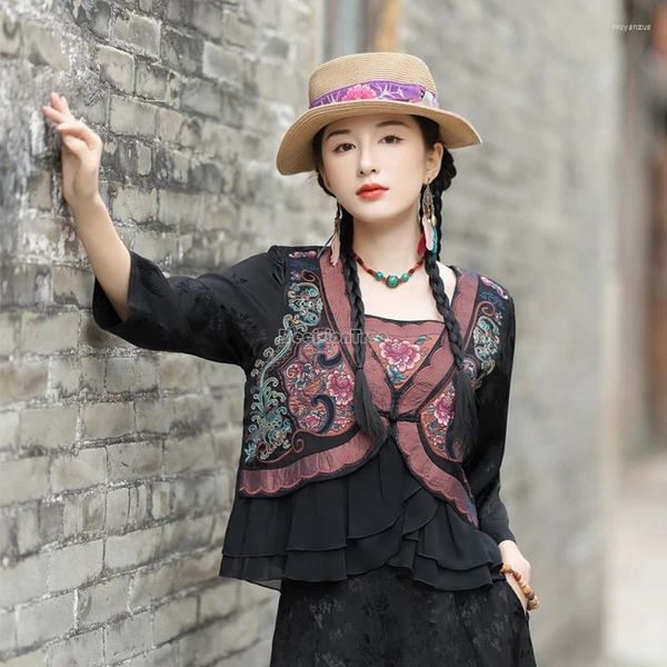 Abbigliamento etnico 2024 donna stile nazionale cinese raso jacquard applique ricamo chiffon patchwork mezza manica vintage allentato top casual