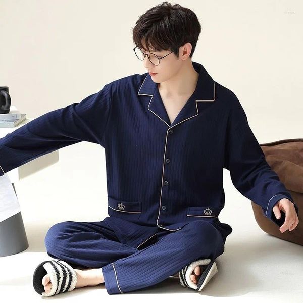 Masculino sleepwear 2024 fora desgaste primavera outono pijamas homens de manga comprida algodão adolescente simples casual meninos plus size roupas de casa