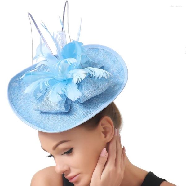 Berets elegante luz azul pena acessórios de cabelo fascinators chapéu feminino casamento headwear nupcial senhoras festa chá corrida headpiece