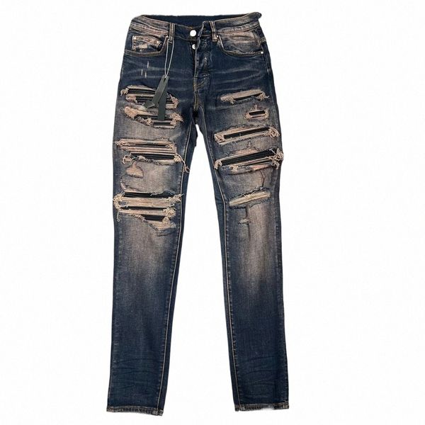 Neue Stil Mi Gelb Schlamm Retro Tattered Plissee Leder Patch Zerrissene Slim Fit Jeans Männer r8iG #