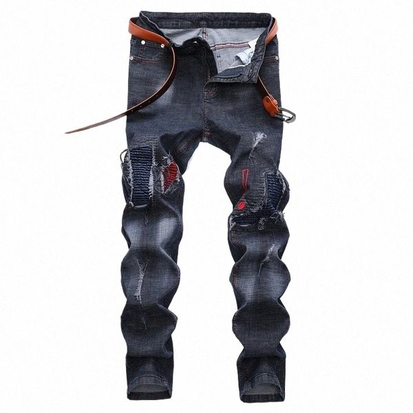 Distred Herren Jeans bestickt Biker Ripped Denim Jeans Männer mit Plissee Patch Streetwear Homme Hosen Pantales Hombre b0vR #