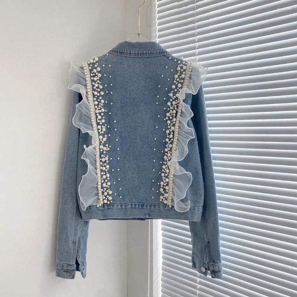 Jaquetas femininas início da primavera jaqueta jeans com botão de lapela e borda frisada cravejada casual slim fit 170126