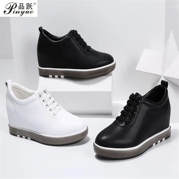 Scarpe casual Nascondi tacco Sneakers moda donna in vera pelle Stringate Altezza crescente Bianca