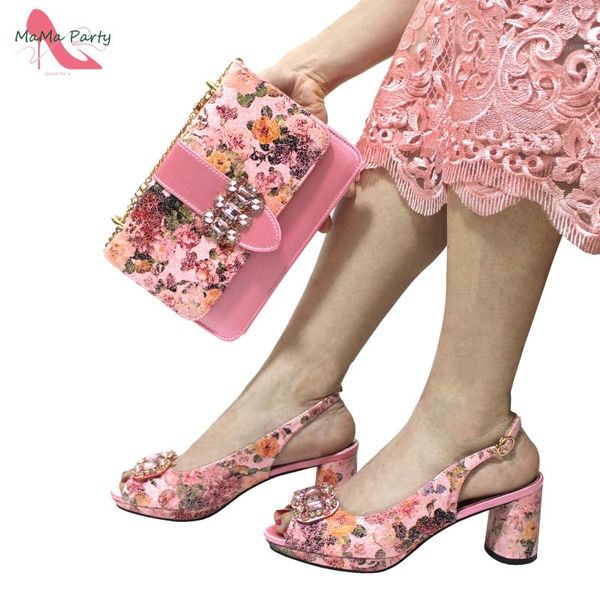 Sapatos de vestido rosa cor sexy senhoras e saco conjunto com plataforma saltos quadrados cristal confortável para festa de casamento