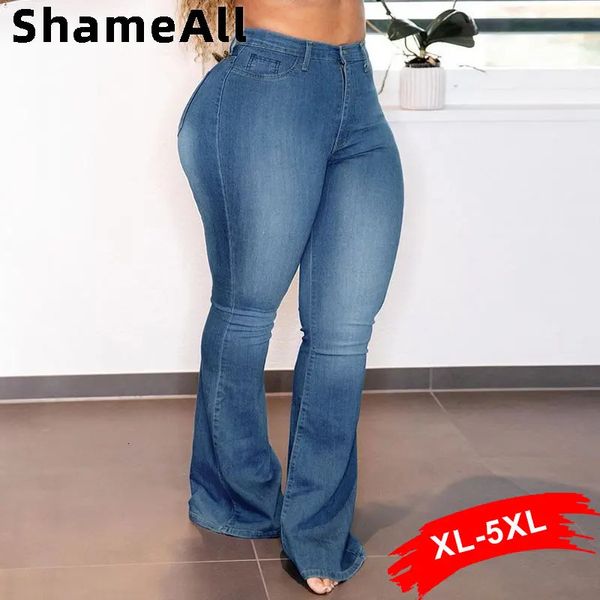Большие размеры, белые, синие эластичные расклешенные джинсы, женские 5XL, с высокой талией, широкие брюки, винтажные джинсовые брюки-клеш, джинсы для мам, инди, многослойные джинсы 240315