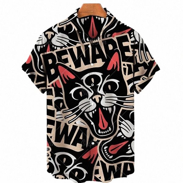 camisa havaiana de verão masculina 3D Animal Printing Shirt Men's Angry Cat Catal Catal de manga curta Stereo T -shirt Tamanho grande top T7Ip #