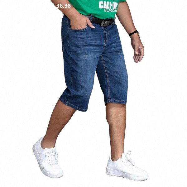 Clássico Denim Shorts Homem Verão Cintura Alta Jeans Homme Masculino Oversized Plus Size 40 42 46 48 Homens Curto Elástico Azul Mens Curto u7B1 #