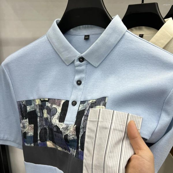 Polos masculinos marca design luxo polo shirt2024korea verão lapela camiseta requintado padrão adesivo de alta qualidade manga curta