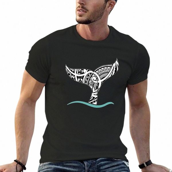 Coda di balena: T-shirt ispirata al modello polinesiano in bianco e nero Tatau vuota estiva top semplice magliette grandi e alte per uomo Y95m #