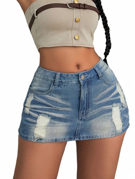 2023 Mulheres Fi 90s Vintage Preppy Rasgado Slant Pocket Denim Mini Skort Sexy Girl Rave Street Skinny Shorts Mujer 59aT #