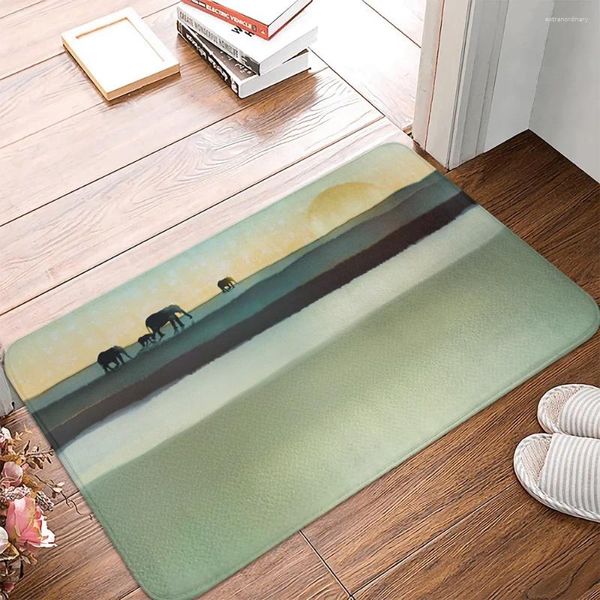 Tappeti Tramonto Elefante Pittura a olio Tappeto Ingresso Zerbino Tappeti da bagno Tappetino assorbente Tappeto da cucina antiscivolo per la decorazione domestica