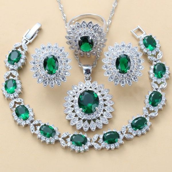 lussuoso Dubai nuziale set di gioielli in argento 925 Brial verde zircone cubico orecchini di girasole collana bracciale e set di anelli 220210296H