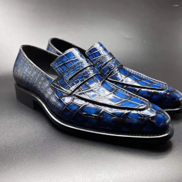 Sapatos casuais de couro sapatos Chue couro de crocodilo cor azul esfregando homens banquete de casamento cavalheiro