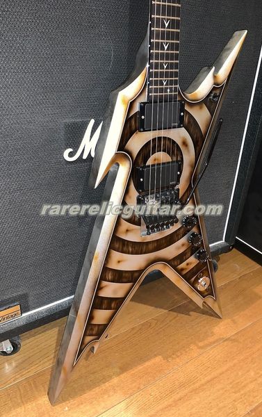 Handgefertigte Zakk Wylde Dimebag Darrell Rust Metal Bullseye E-Gitarre Floyd Rose Tremolo Pearl Razor Inlay Grover Tuners China EMG Pickups Grover Tuners