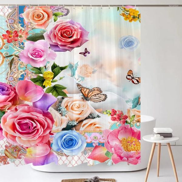 Cortinas de chuveiro 3D linda flor rosa colorida impressa cortina de tecido banheiro tela de banho de poliéster à prova d'água com 12 ganchos