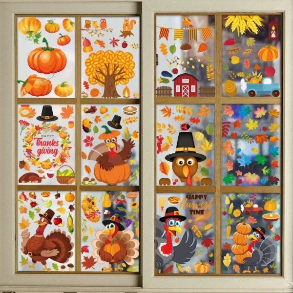 Adesivos de janela de ação de graças, dupla face, janela de outono, decalques de peru para colheita de outono, festival diy, decoração de festa em casa
