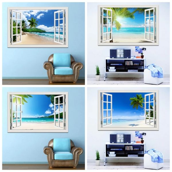 Adesivos céu azul praia coqueiro cenário trópico 3d adesivo de parede pôr do sol seascape papel de parede removível criativo janela vista decoração da sua casa