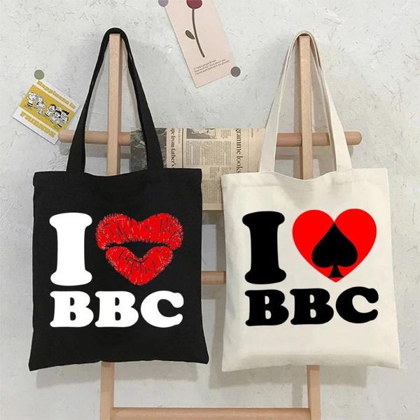 Borse da sera I Love BBC Tote per donna Labbra rosse Lettere a cuore Stampa artistica Spalla Shopping Tela Riutilizzabile ECO Borse grandi estive