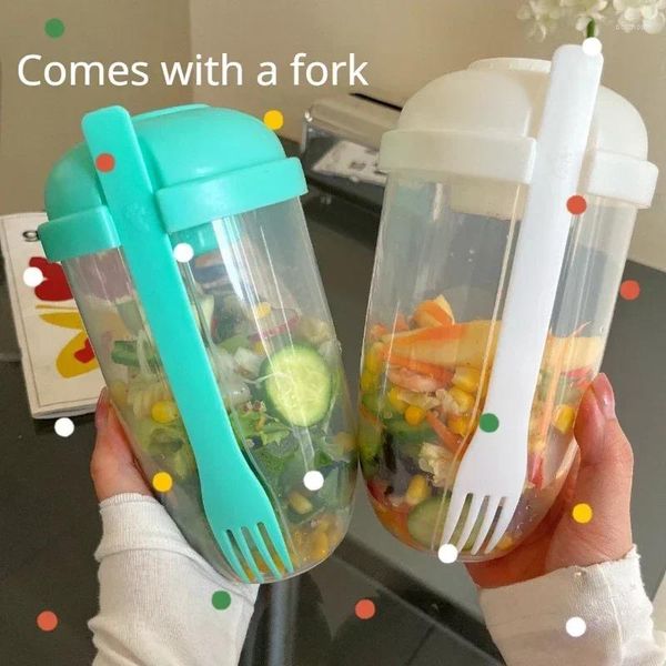 Geschirr 1L Tragbarer Salatbecher Flaschenbehälter Bento Schüssel mit Gabel Schule Lunchbox Aufbewahrung Müsli Milch