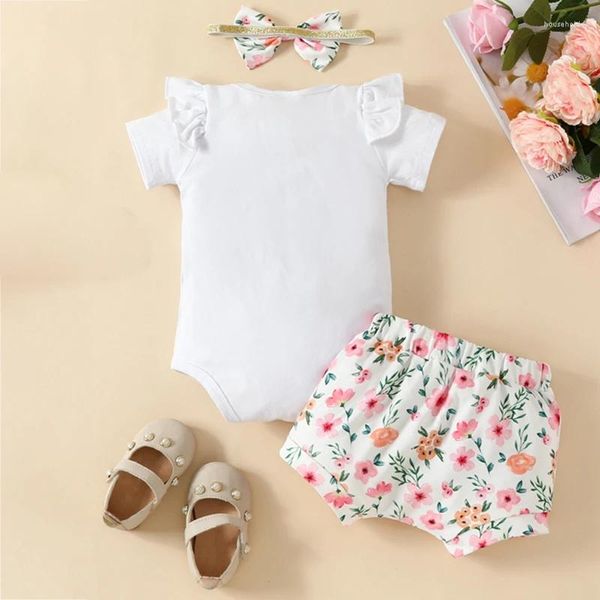 Conjuntos de roupas Bebê Meninas Shorts Set Flor Imprimir Manga Curta Romper com e Hairband Roupa de Verão