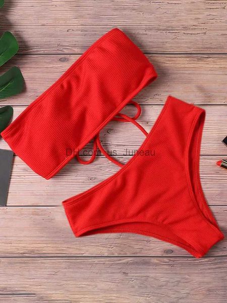 Mulheres Swimwear 2023 Novo Biquíni Cintura Alta Strapless Sexy Bikini Mulheres Swimwear Mulheres Maiô Acolchoado Banheira Terno Monokin Pure Color T240328